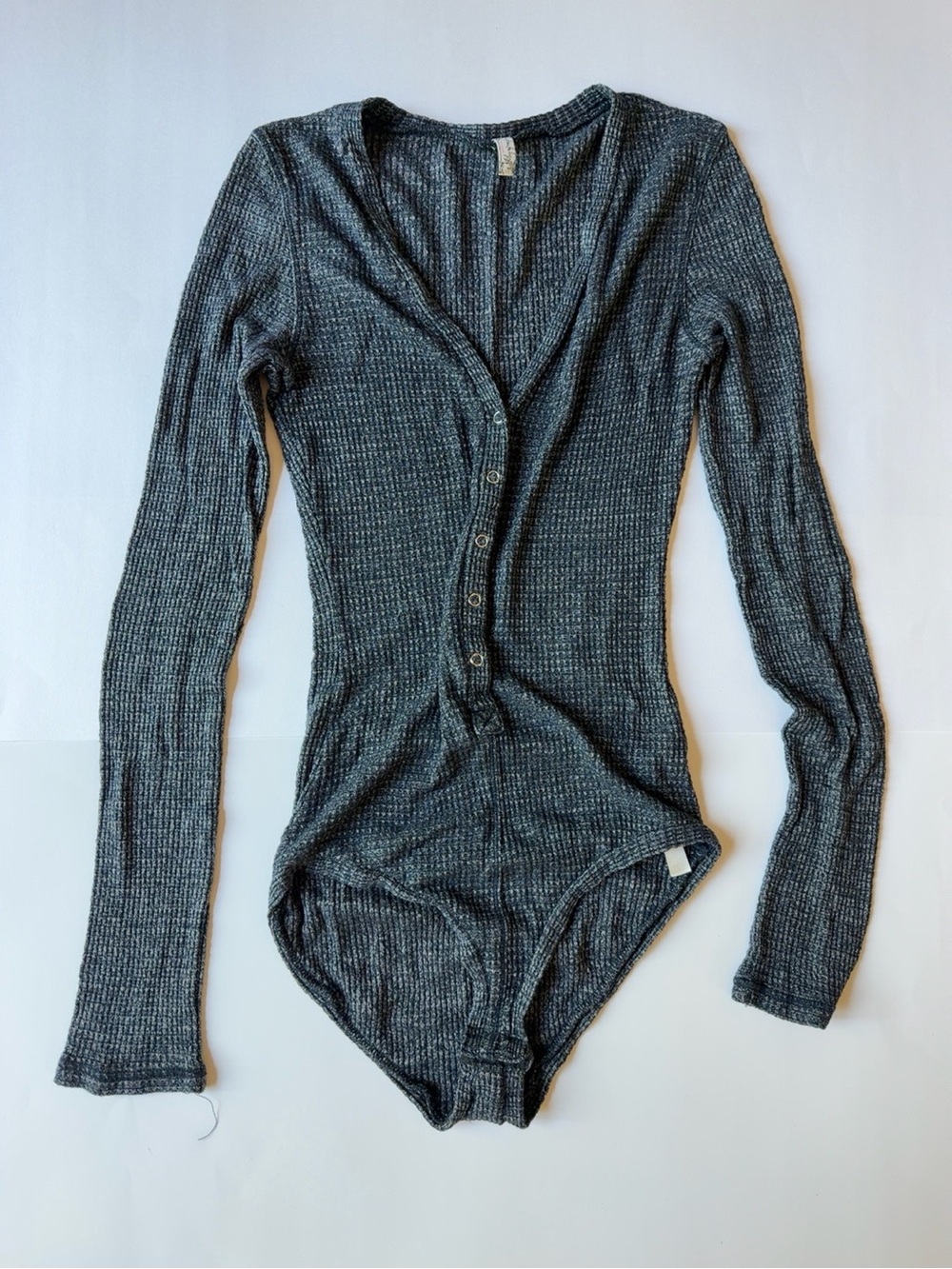 Free People We The Free Charcoal Gray Waffle Knit Long Sleeve Henley Bodysuit Sm